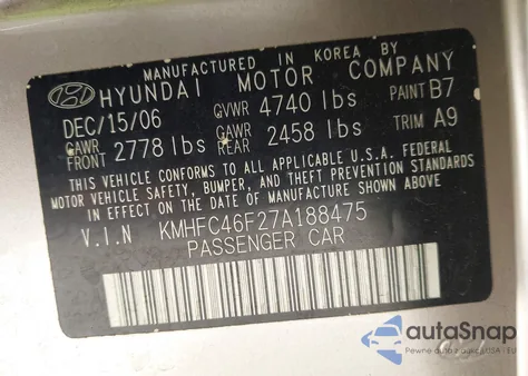 2007 Hyundai Azera Limited/Se z USA, uszkodzony, nr VIN KMHFC46F27A188475